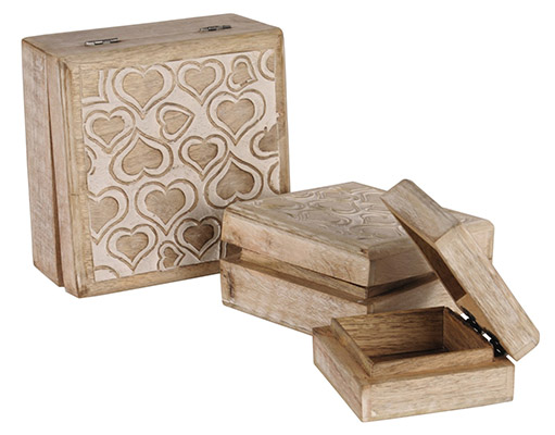 Mango Wood Heart Design Set Of 3 Boxes